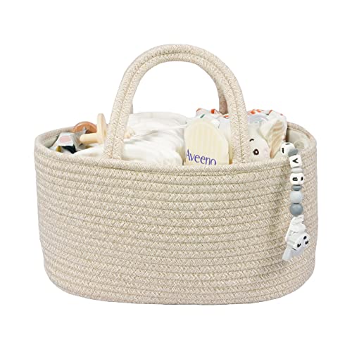Image of Baby Diaper Caddy Organizer for Girl Boy Cotton Rope Nursery Storage Bin Basket Portable Holder Tote Bag for Changing Table Car Travel Baby Shower Gifts Newborn Registry Must Have Items oatmeal