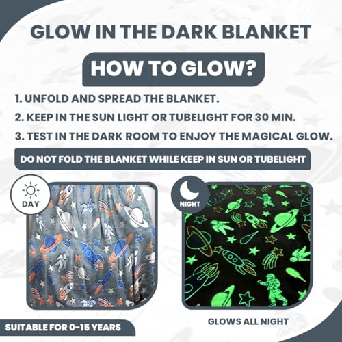 Image of TONY STARK ULTRAAGLOW Glow in The Dark Blanket for Kids (0-15 Years, 200x152 Cm) Soft Flannel Fleece Throw, Cozy & Warm All-Season Radium Blanket, for Boys & Girls (Grey Space Adventure)