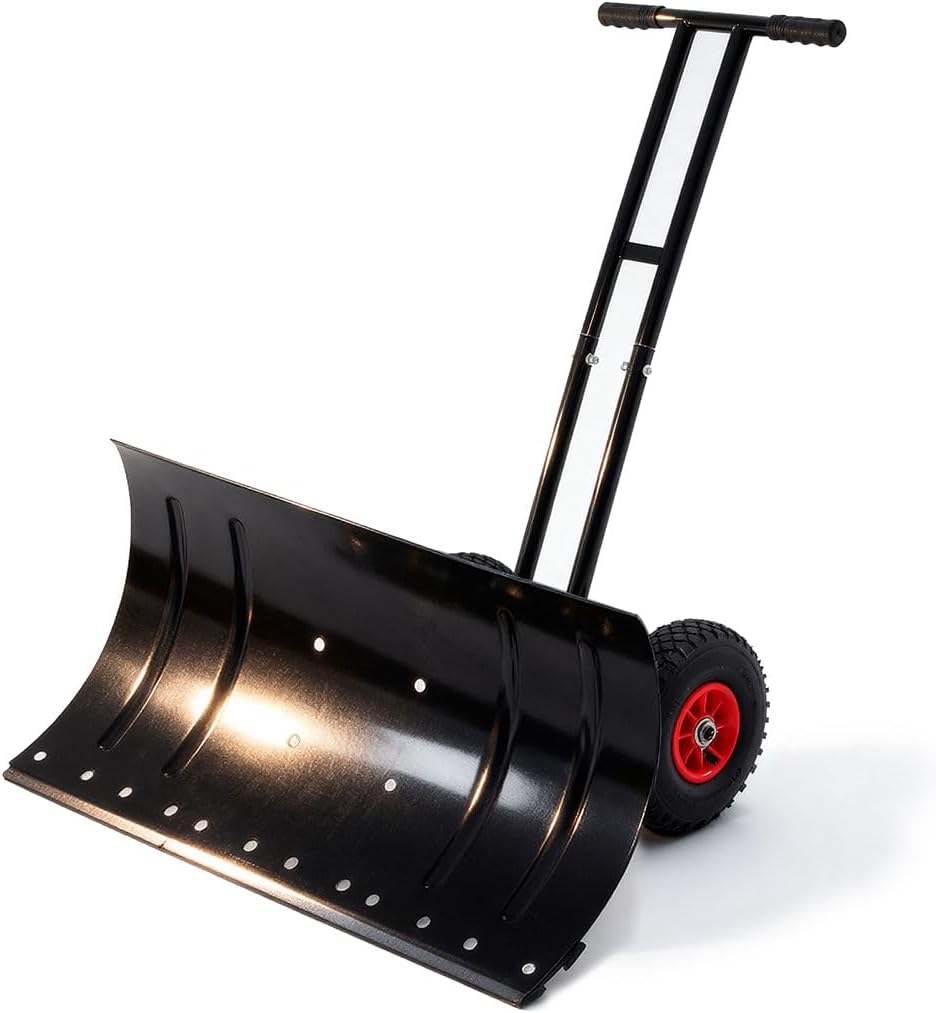 Heavy-Duty Snow Shovel with Wheels, 30" Wide Metal Snow Pusher with Adjustable Height & Angle Handle, Carbon Steel Blade, Ergonomic Double-Rod Design for Driveway, Sidewalk, and Path Snow Removal