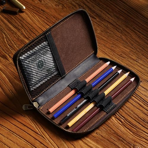 Image of Genuine Leather 5-Slot Pencil Case, Portable Travel Pen Organizer | Versatile organizer for art supplies, office essentials, makeup brushes, suitable for men, women, students, artists.