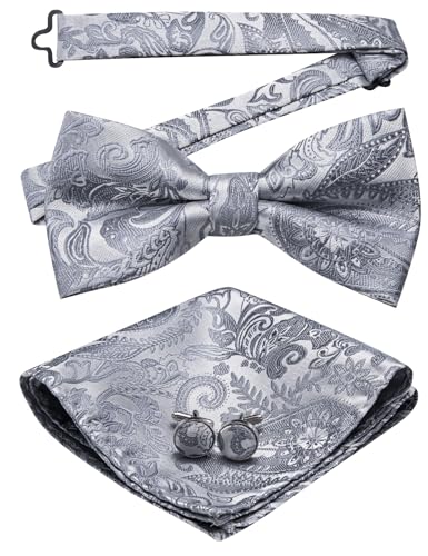 Image of YOHOWA Mens Bow Tie Set Paisley Pre-tied Bowties Adjustable with Handkerchief Cufflinks Gold Ring Set Wedding Prom Party