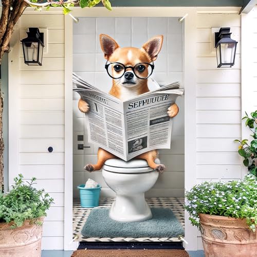 Image of Funny Chihuahua Toilet Newspaper Dog Door Cover 35x71in
