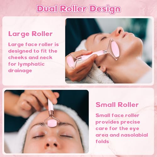 Yuaerbuo Face Massager Gua Sha Board Pink Jade Rollers, Natural Face Roller Gua Sha Jade Rose Quartz Facial Massager Stone, Jade Roller Skincare Headband Face Brushes Guasha Set (Pink) - Image 3