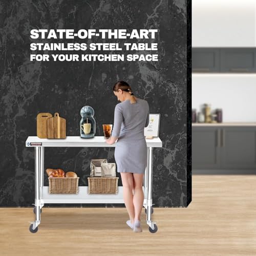 Image of DuraSteel 24x60 NSF Stainless Steel Cart Work Table - Heavy Duty Rolling Food Prep Table Countertop Island - Metal Utility Cart on Wheels Caster, Grill Stand Storage Outdoor Kitchen Tables Bar Top