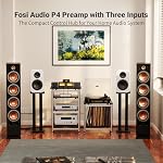 Fosi Audio P4 Mini Preamp with 3 RCA Inputs, Home Audio Stereo Pre amp for Amplifier/Active Subwoofer/Speakers, Preamplifier with 3-Level Adjustable Gain 3/6/9 dB, Bass and Treble Control