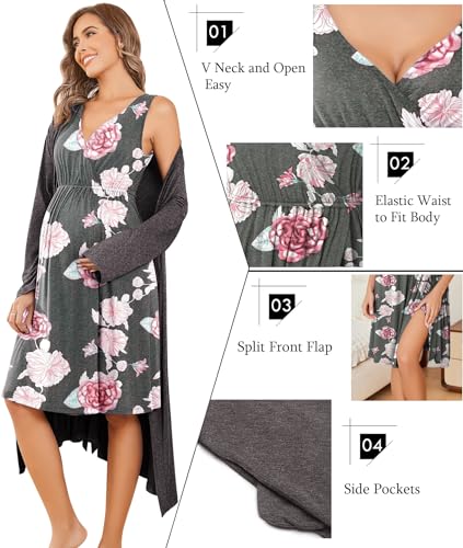Image of Ekouaer Maternity Nursing Gown and Robe Set Labor Delivery Nursing Nightgowns for Breastfeeding Pregnancy Clothes