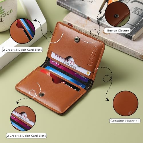 Image of VEMILIO Vegan Leather Card Holder Wallet for Men & Women | Slim Bi-Fold Design | RFID Protected | Button Closure | 3-4 Card Slots | Durable & Travel-Friendly (Tan)