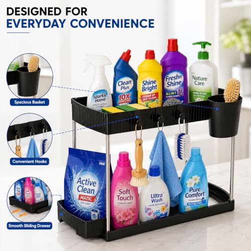 Image of JD Fresh Pack of 1 Under Sink Storage Organizer /Pull Out Cabinet Storage with Hooks & Hanging Cup /2 Tier Plastic Organiser Rack and Sliding Shelf Basket (Black)