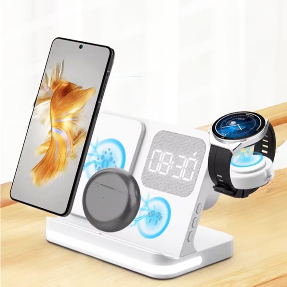 AYI 4in1 Multi Functional Wireless Charging Station with Digital Alarm Clock 15W Fast Charger Night Light Wireless Charger for All Qi Phone and Earbud Headphone Compliant with i-Watch-B22 White