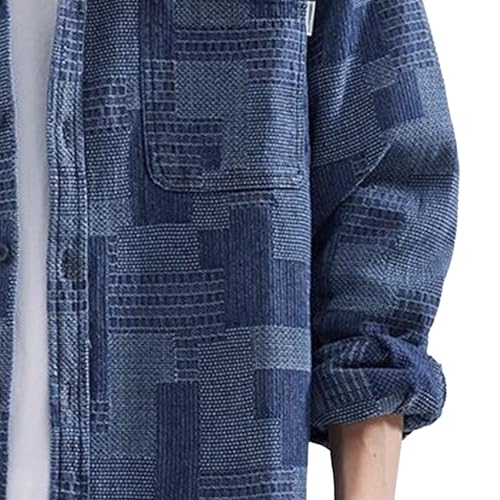 Men's Patchwork Lapel Jean Outerwear Plaid Casual Soft Denim Jacket Printed Loose Fit Cowboy Coats2