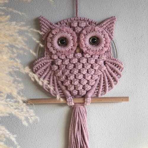 Image of tms Bohemian Owl Macrame Wall Hanging - 12 x 23 Inch - Handcrafted Boho Home Decor with Natural Elements - Boho Chic Accent for Home, Office, or Living Room (Peach)