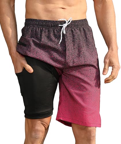Mens Swim Trunks with Compression Liner 9 Inch Swimming Trunks Board Shorts with Zipper Pockets