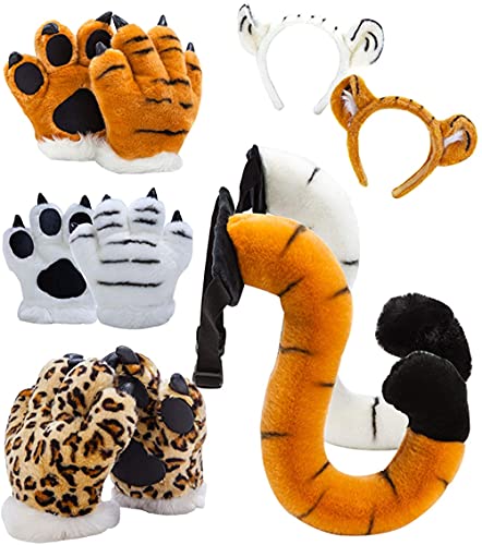 YELAN Künstlicher Tiger und Dinosaurier flauschige Plüschhandschuhe, Stirnband und Schwanz Kostümset Cosplay Tiger Dinosaurier Kinderpartykostüm (Yellow tiger 3 PCS)