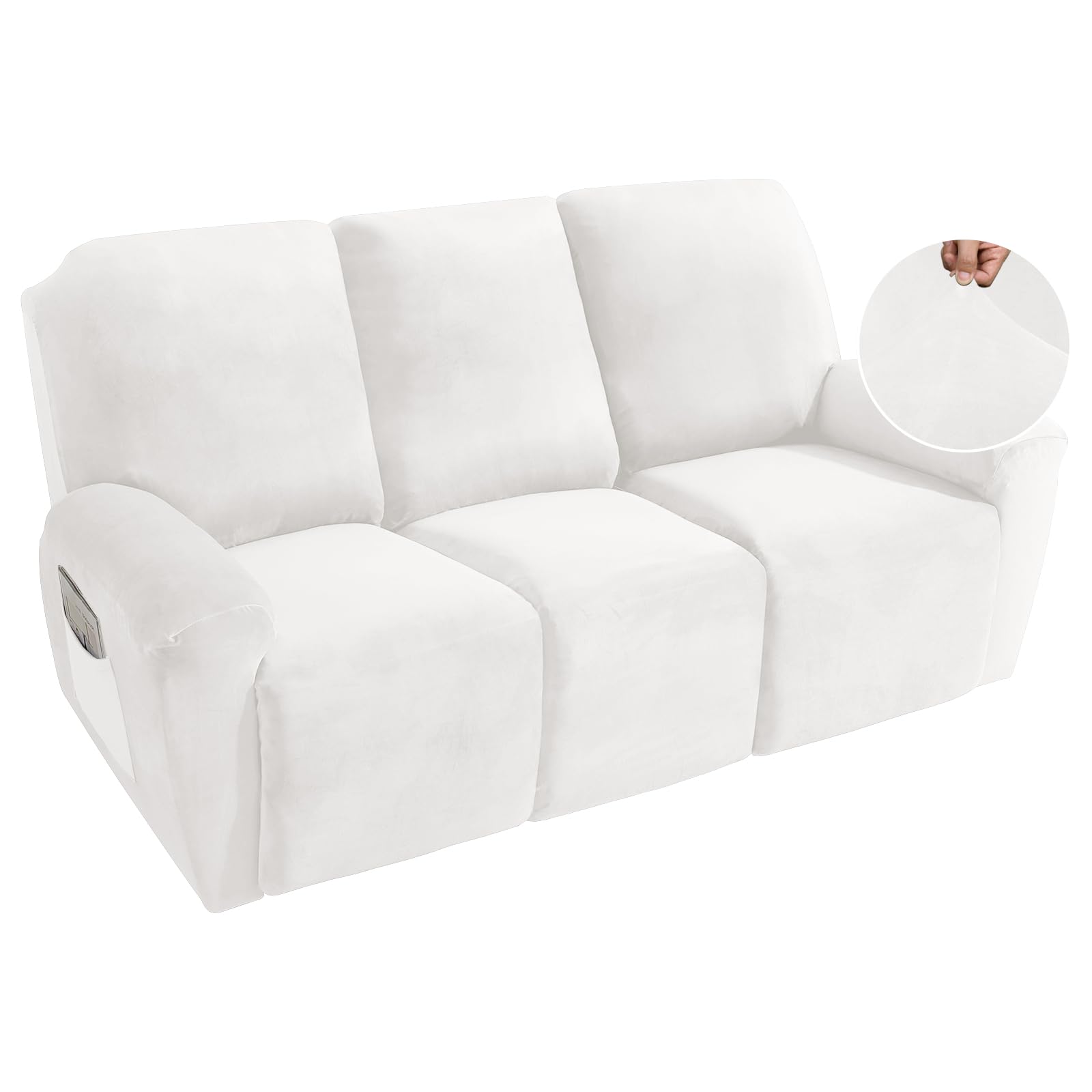 MAXIJIN 8 Pieces Recliner Sofa Covers, Stretch Velvet Reclining Couch Covers for 3 Cushion Furniture Covers, Thick, Soft, Washable Reclining Sofa Slipcovers (Sofa Recliner, White)