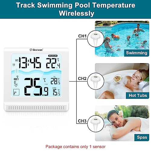Geevon Wireless Pool Thermometer Floating Easy Read,Remote Digital Pool Thermometer With High & Low Alert, 4.9" Large Display And 10S Backlit For Swimming Pool, Bath Water, Spas And Hot Tubs #TOP5