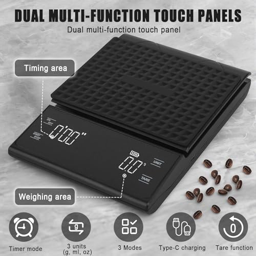 LJEC Coffee Scale with Timer, 3kg/0.1g High Precision Espresso Scale with Digital LED, Rechargeable Kitchen Food Scale for Espresso and Pour-Over Coffee, Touch Sensor and Silicone Cover Black-2 - Image 5