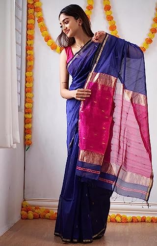 Image of SGF11 Women's Kanjivaram Soft Cotton Linen Silk Saree With Blouse Piece (Blue Pink)