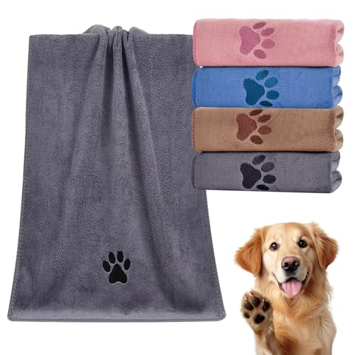 PokeAir 4 Pack Small Dog Blanket, Paw Embroidery Pattern, Microfiber Grooming Towel Pet Bath Dryings, Soft Dog Absorbent Towel for Small Medium Cats and Dogs（35x75cm）