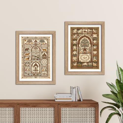 Image of TenorArts Traditional Tribal Folk Art Photo Frame Set of 2 , Indian Rural Arts Decor Wall Hanging Painting For Bedroom Living Room Cafe and Home decor / Minimal Drawing Framed Posters for Decoration (9x12 inches) [T2P-05T]