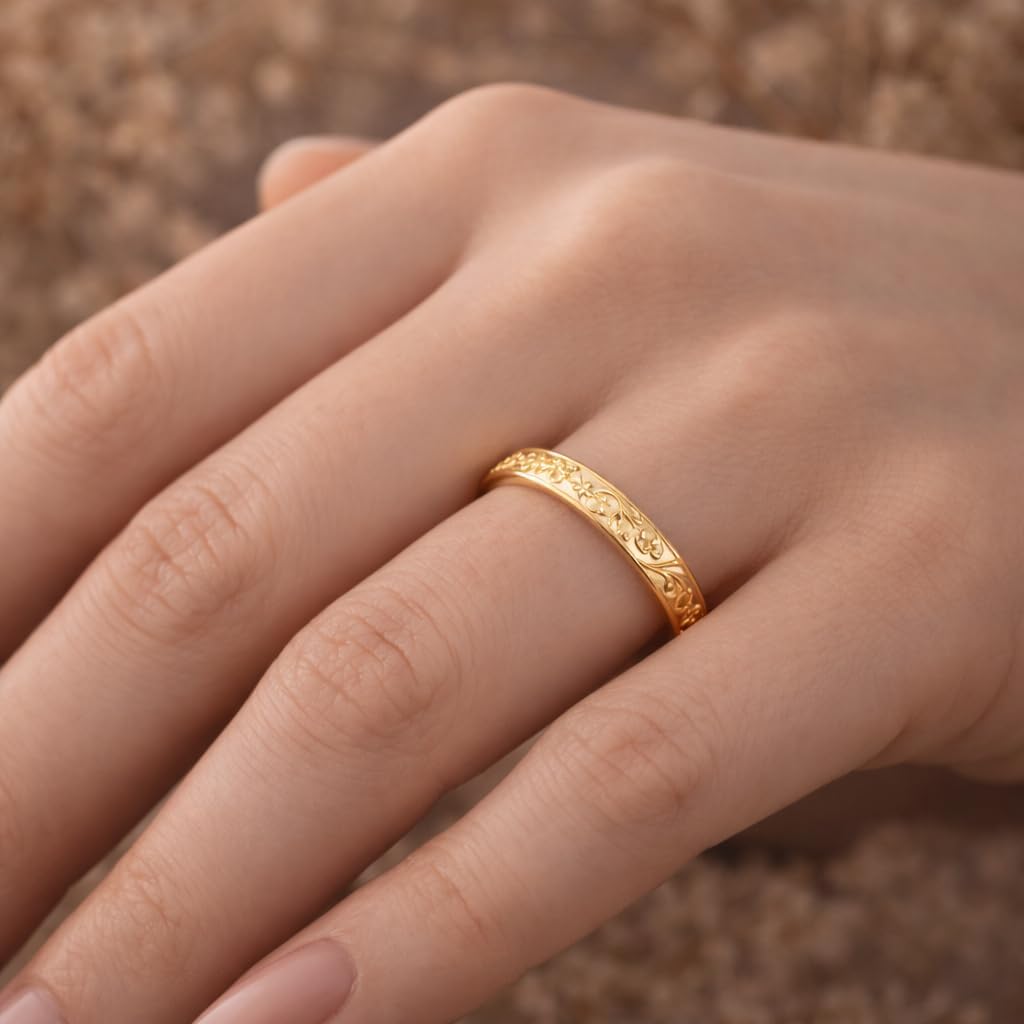14K Yellow Gold Plated Floral Engraved Wedding Band for Women Vintage Blossom Carved Ring Minimalist Gold Promise Stackable Anniversary Elegant Nature Inspired Jewelry Gift for Her