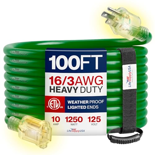 Outdoor/Indoor 100ft Extension Cord 16/3 SJTW, 3 Prong, Green