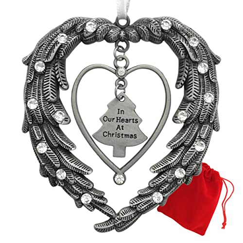 Memorial Remembrance Ornament - 'in Our Hearts at Christmas' - Pewter Heart Shaped Angel Wings with Jewels - in Loving Memory - Gift-Storage Bag Included - 3.5