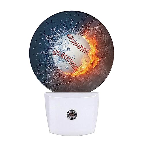 Image of Sport Night Lights Plug into Wall Baseball Ball in Fire and Water Night Light Dusk to Dawn Sensor LED Lighting for Bedroom Bathroom Living Room, 0.5W Sleep Friendly