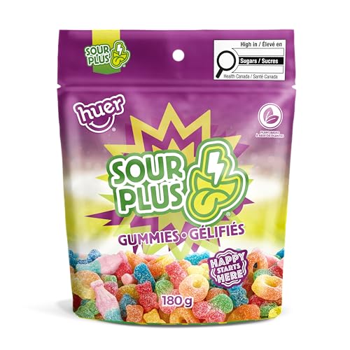 Huer - Sour Plus Mix 3 Pack - Soft & Chewy Gummy Candy Bundle, Including: Cherries, Bubblegum Bottles, Gummy Bears, Peach Rings, Plant Based & Peanut Free - 180g Bags