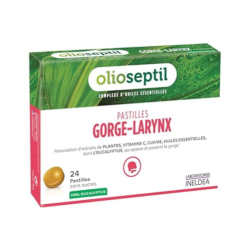 OLIOSEPTIL® - Pastilles à Sucer Gorge-Larynx - Apaise et Assainit la Gorge - Sans Sucres Ajoutés - Extraits de Plantes, Vitamine C, Cuivre et Huiles Essentielles - 24 Pastilles - Gout Miel eucalyptus Cover