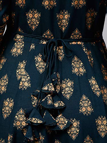 Image of KIPEK Women's Mustard Block Print Kurta with Dupatta - Rayon Fabric, 3 /4 Sleeves, Round Neck and Ankle Length.