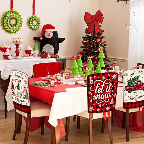 Image of TREWAVE Christmas Chair Covers Set of 6 Buffalo Plaid Chair Back Covers Holiday Dining Chair Slipcovers Protector Kitchen Dining Room Decor Festival Party Decoration