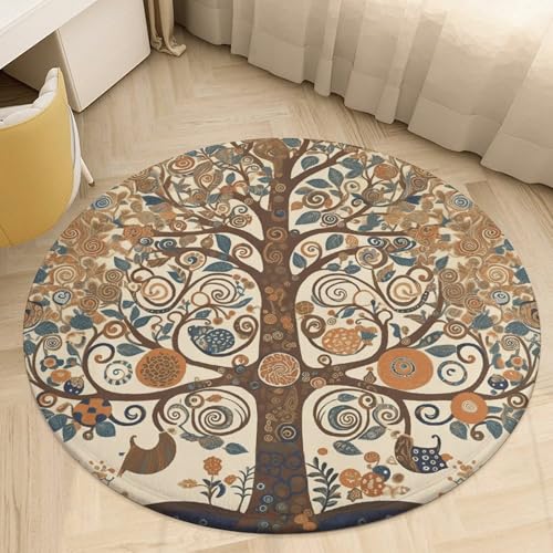 Petit tapis rond motif arbre de vie, antidérapant, lavable, doux pour salon, salle d'eau, salle de bain, table de chevet, décoration de sol - 90 x 90 cm