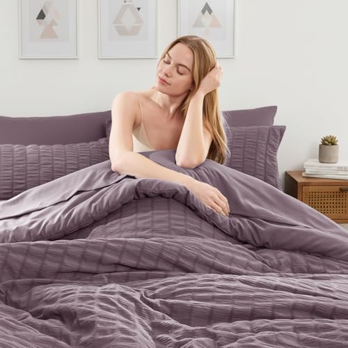 Image of HIMEET Full Size Comforter Sets - 7 Pieces Seersucker Bed in a Bag, Boho Bedding Sets for Bedroom Decor, All Season Home Essential Bed Set with Comforter, Sheets, Pillowcases & Shams, Dusty Purple