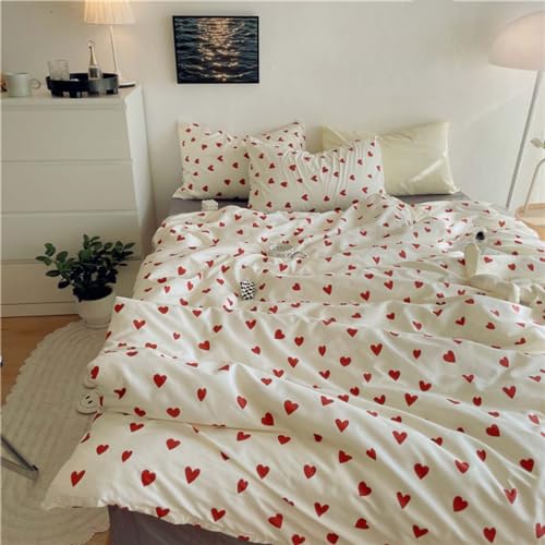 Nayoroom Heart Duvet Cover Queen Size Cute Red Love Heart Printed on White Bedding Set 3Pcs Kids Girls Kawaii Heart-Shaped Pattern Comforter Cover with Zipper Closure Soft Breathable Microfiber