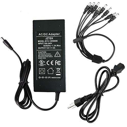 [UL Listed] JZTEK AC 100-240V to DC 12V 5A Switching Power Supply Adapter + DC Power Splitter Cable 1 Female to 8 Male Connectors for CCTV Camera/LED Strip Flexible Lights (12V 5A)