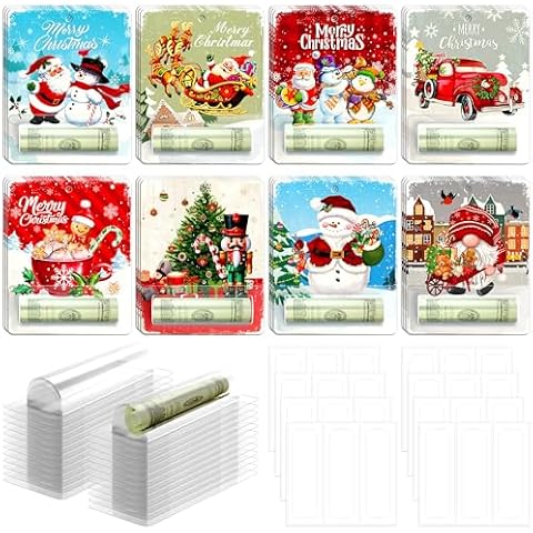 Christmas Money Holders for Cash Gift 24 Sets Vintage Santa Snowman Merry Christmas Cards Money Holder Ornaments with Plastic Cover and Double Sided Tape for Hanging Christmas Tree Xmas Holiday Gifts Cover