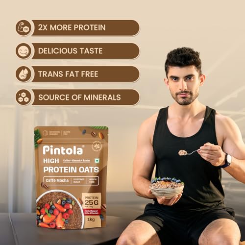 Image of PINTOLA 25g High Protein Oats 1kg, Caffe Mocha, No Refined Sugar, with Almonds & Raisins, High Fibre, Rolled Oats, Breakfast Cereals, Gluten Free (Pack of 3)