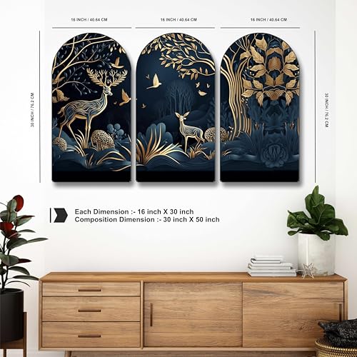 Image of Livin'luxe Golden Deer Forest Wall Art - 3 Panel Nature Painting | Elegant Black & Gold Wildlife Decor | Modern Living Room, Bedroom, Dining Area, Office Wall Decoration