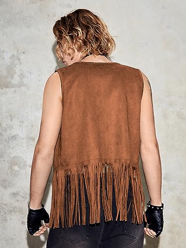 Image of Verdusa Men's Sleeveless V Neck Studded Detail Fringe Trim Open Front Vest Jacket