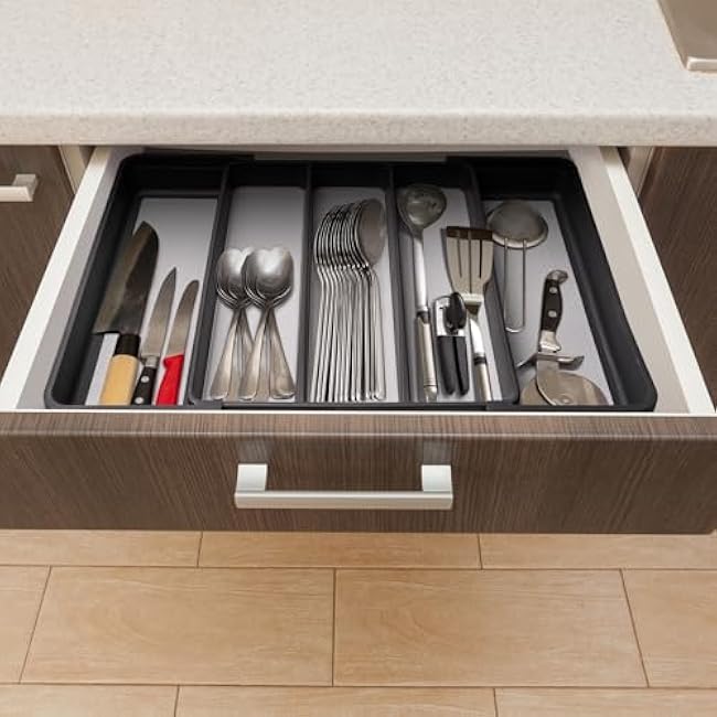 Silverware Drawer Organizer, Expandable Drawer Organizers, BPA Free Flatware and Cutlery Tray, Adjustable Plastic Storage with Anti-Slip Linner inside for Spoons Forks Knives with 2 Knife Guards, Grey