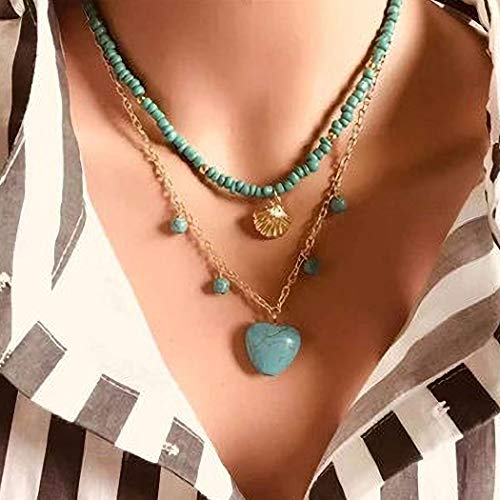 Abien Boho Seed Beaded Necklace Gold Layering Shell Pendant Necklaces Chain Turquoise Necklace Jewelry for Women and Girls
