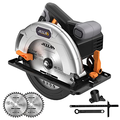 Circular Saw, 13-Amp 5500RPM 7-1/4' Power Circle Saw with 3 Saw Blade 24T/36T/40T, Cutting Depth : 2-9/16' at 90°, 1-3/4' at 45° for Wood, Bevel Angle(0 to 45°), AC Power Cord