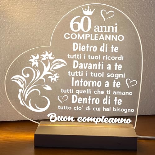 Lampada led personalizzata, Luce notturna decorativa, Lampada notturna a led, base in legno e cavo usb. IDEA REGALO, MAMMA, Papà, NONNA,NONNI, (60 ANNI BUON COMPLEANNO)