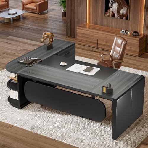 Image of Tribesigns 80'' L-Shaped Desk, Large Executive Office Desk with 55'' Drawers Cabinet, Modern Commercial Office Table with Storage Shelves, Business Furniture for Home Office, Grey & Black