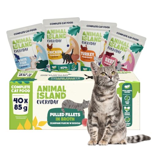 Animal Island Nourriture Humide pour Chat Adulte Coffret Mix Saveurs Filets en Bouillon Dinde Poisson Blanc Poulet Bœuf sans Céréales sans Sucre Multisachet, 40 x 85g
