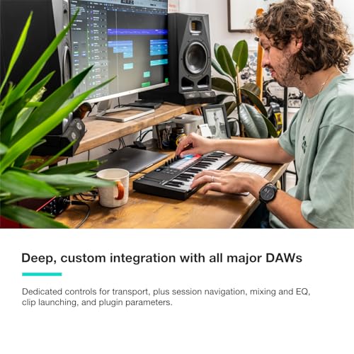 Image of Novation Launchkey Mini 37 MK4 - Portable 37 Mini-Key, USB, MIDI Keyboard Controller with DAW Integration. Chord Mode, Scale Mode, Drum Pads, and Arpeggiator. Includes Music Creation Software Bundle | 37 Synth-Style Mini Keys, 16 Rgb Velocity-Sensitive Pads with Polyphonic Aftertouch, 8 Endless Rotary Encoders, Sustain Jack