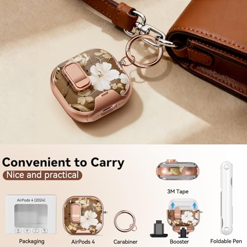 Image of for AirPod 4 Case, with Safty Lock & Phone Stand for Floral AirPod 4 Generation Case Cover for Women Girly, iPod 4 Cases with Keychain & Cleaner Kit -Brown +White Flower