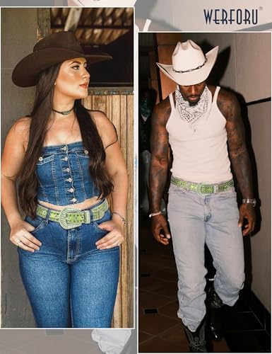 Image of WERFORU Women Men Western Rhinestone Studded Leather Belt Unisex Bling Cowgirl Cowboy Waist Belt for Jeans Pants Dress