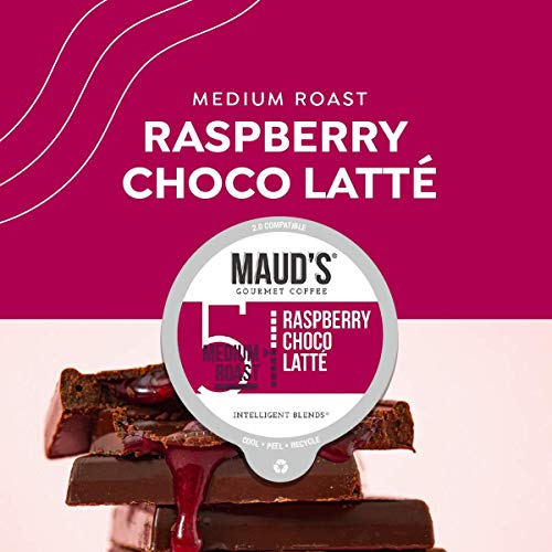 Maud's Raspberry Chocolate Coffee (Raspberry Choco Latte), 50Ct. Solar Energy Produced Recyclable Single Serve Raspberry Chocolate Coffee Pods – 100% Arabica Coffee California Roasted, Kcup Compatible #TOP4