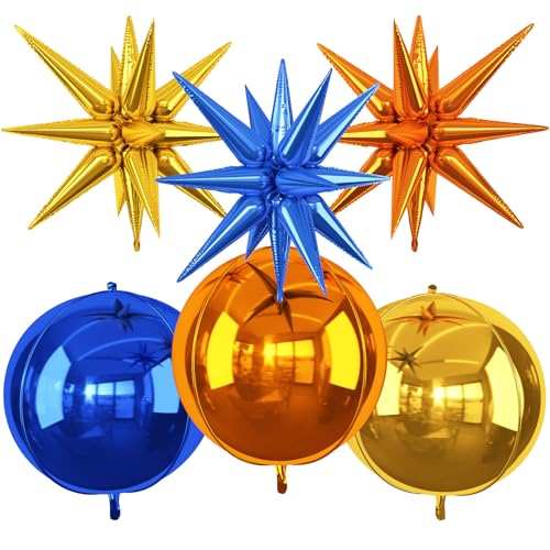 6Pcs Blue Orange Gold Foil Balloons,22Inch Ball Balloon and Star Balloon